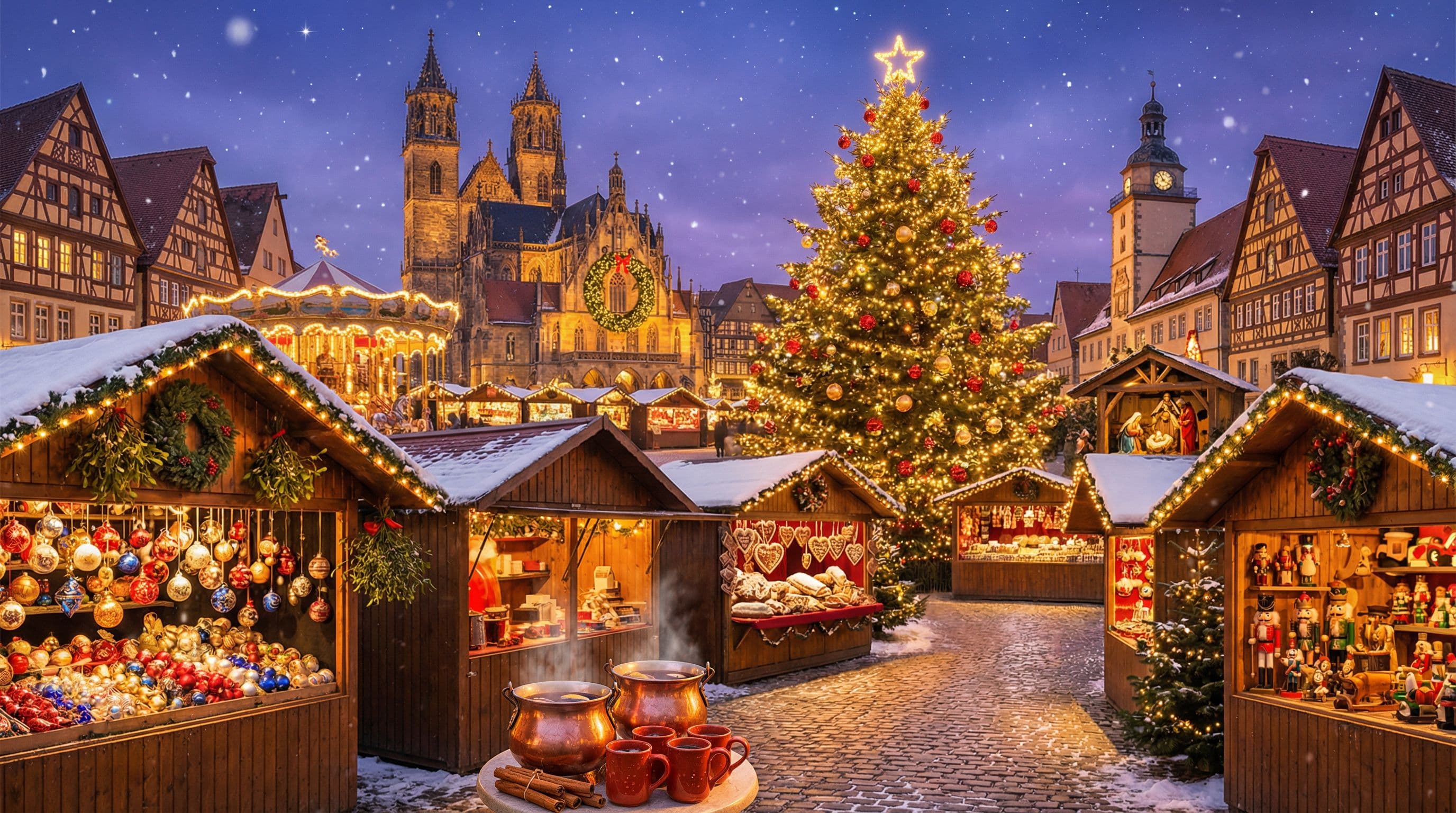 ตลาดคริสต์มาสยุโรป ต้นคริสต์มาสสูงใหญ่ ร้านค้าไม้ หิมะ mulled wine และมหาวิหาร Gothic ยามค่ำ