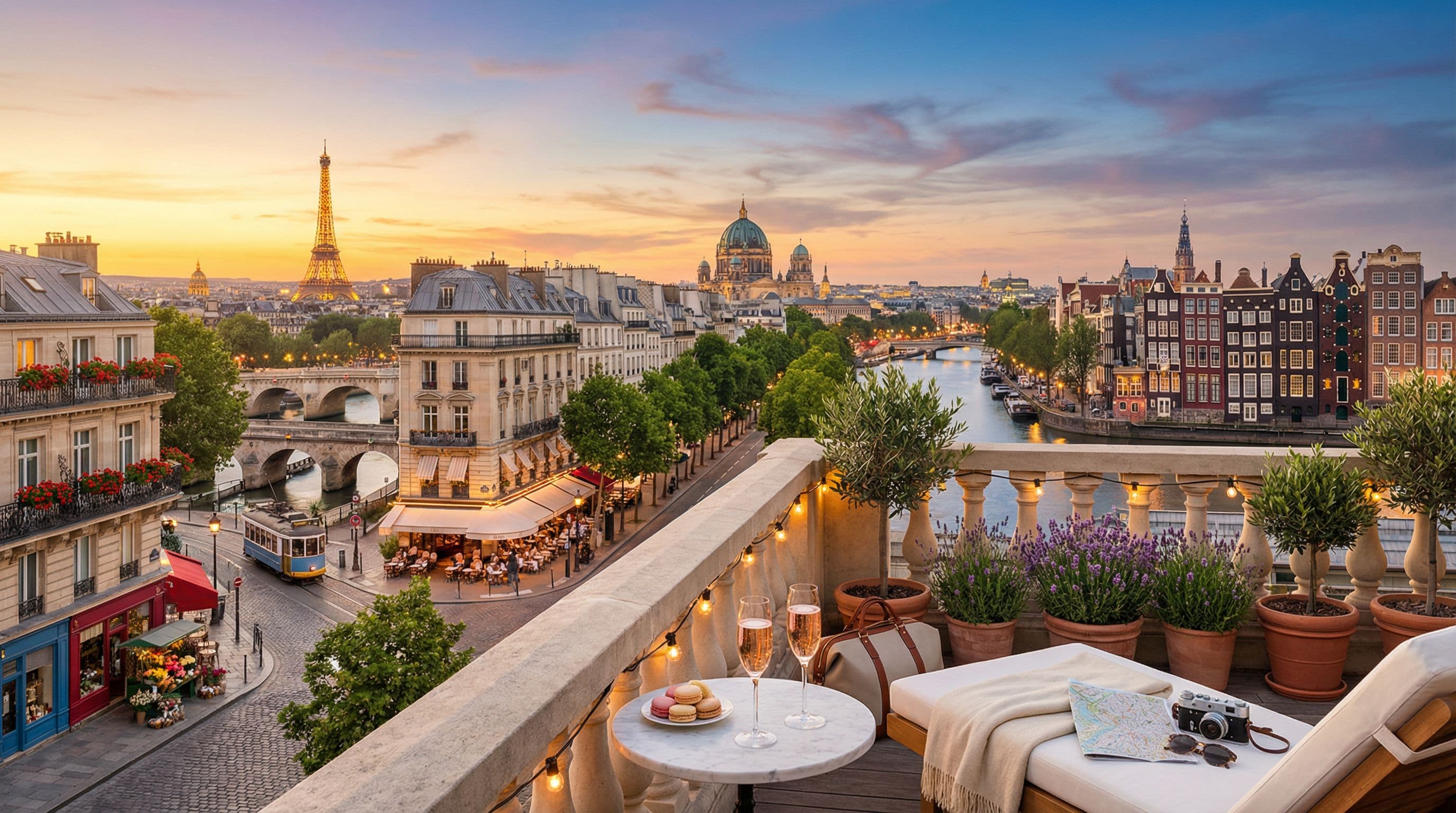 ระเบียง boutique hotel ยุโรป แชมเปญ macarons กล้องถ่ายรูป Eiffel Tower คลอง Amsterdam และ skyline ยามพระอาทิตย์ตก
