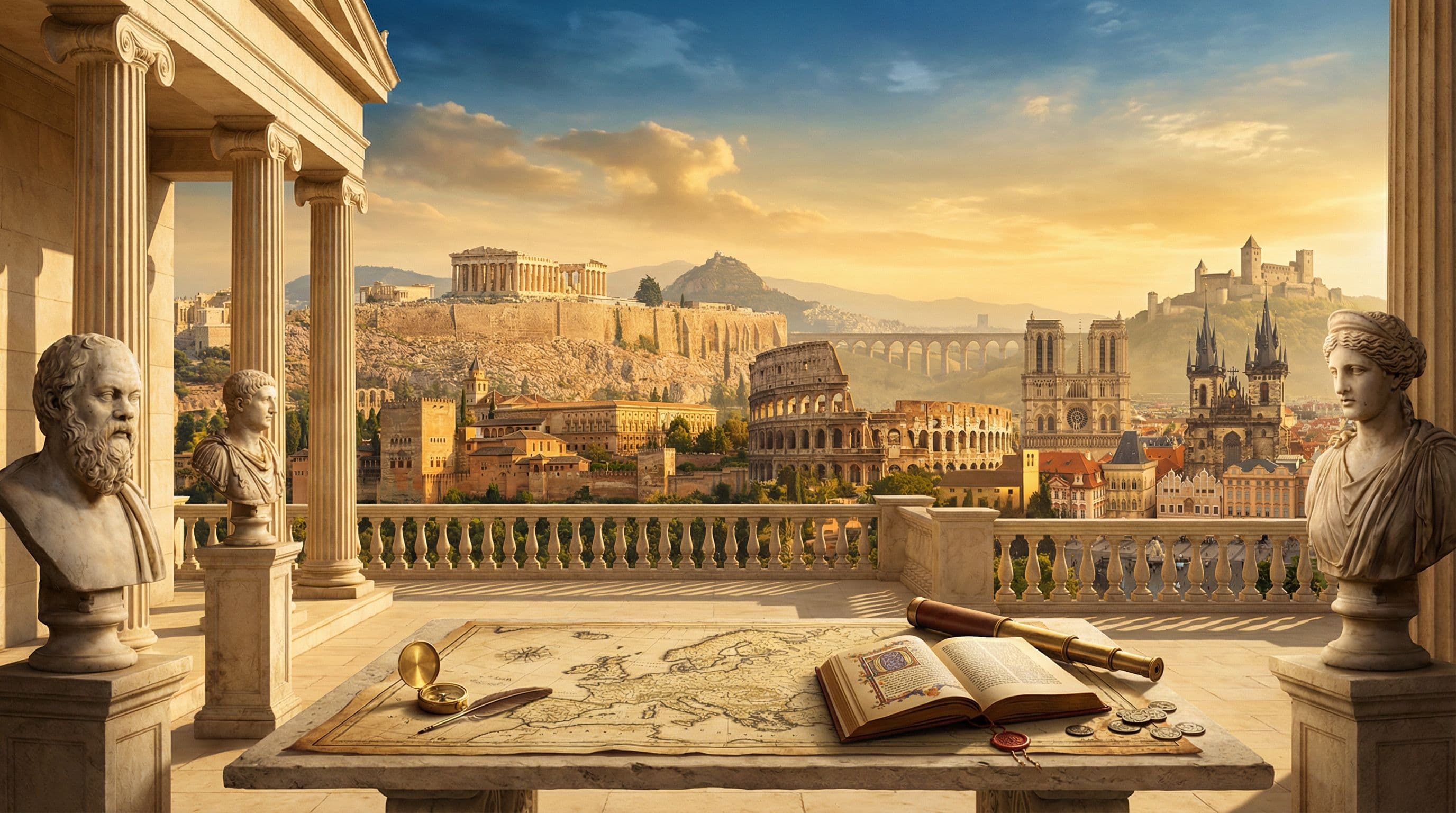 ระเบียงพิพิธภัณฑ์คลาสสิก หินอ่อน แผนที่ยุโรปโบราณ Acropolis Colosseum Notre-Dame และ Prague ยามพระอาทิตย์ตก