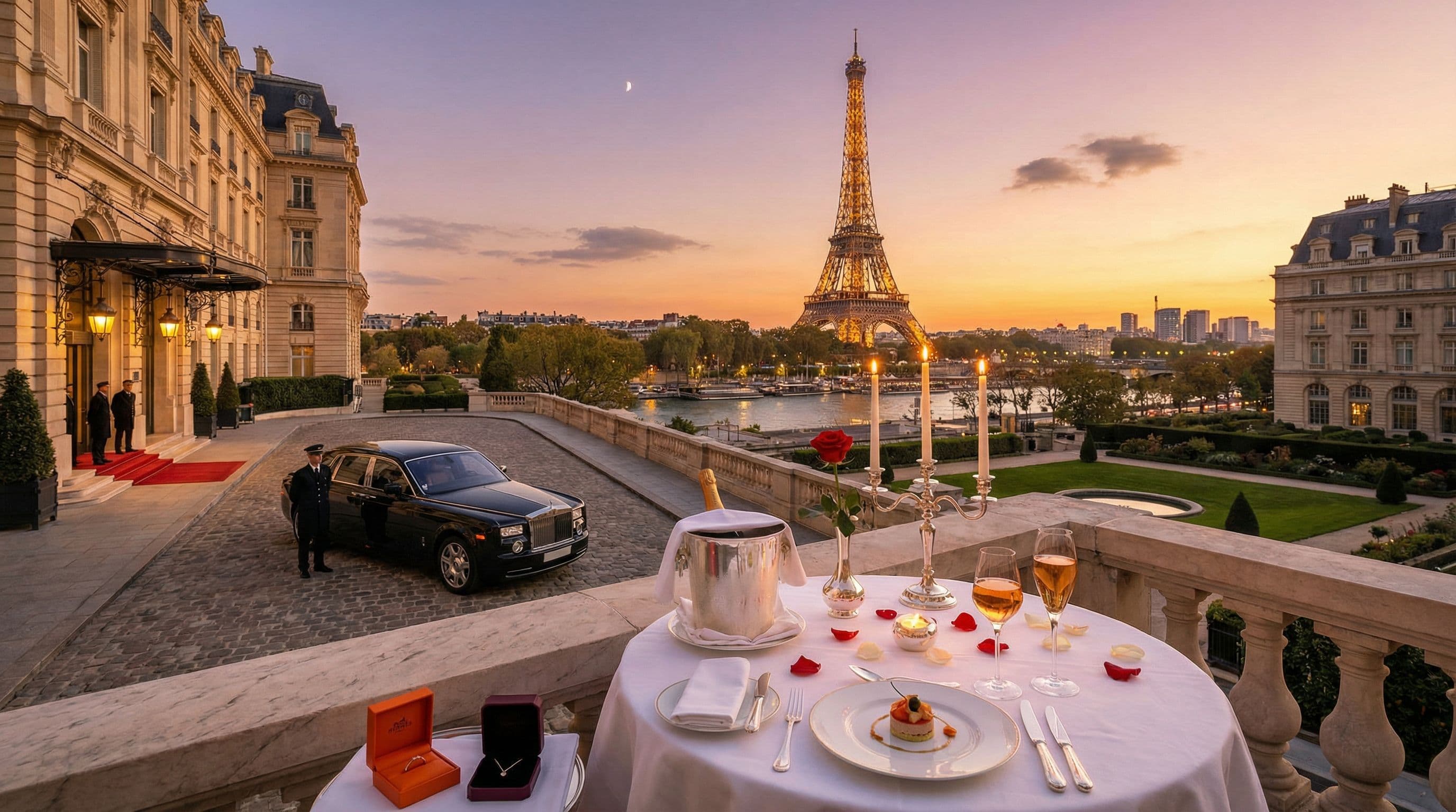 ระเบียง palace hotel ปารีส โต๊ะ fine dining แชมเปญ กุหลาบแดง Rolls-Royce และ Eiffel Tower ยามพระอาทิตย์ตก — Luxury Premium Europe
