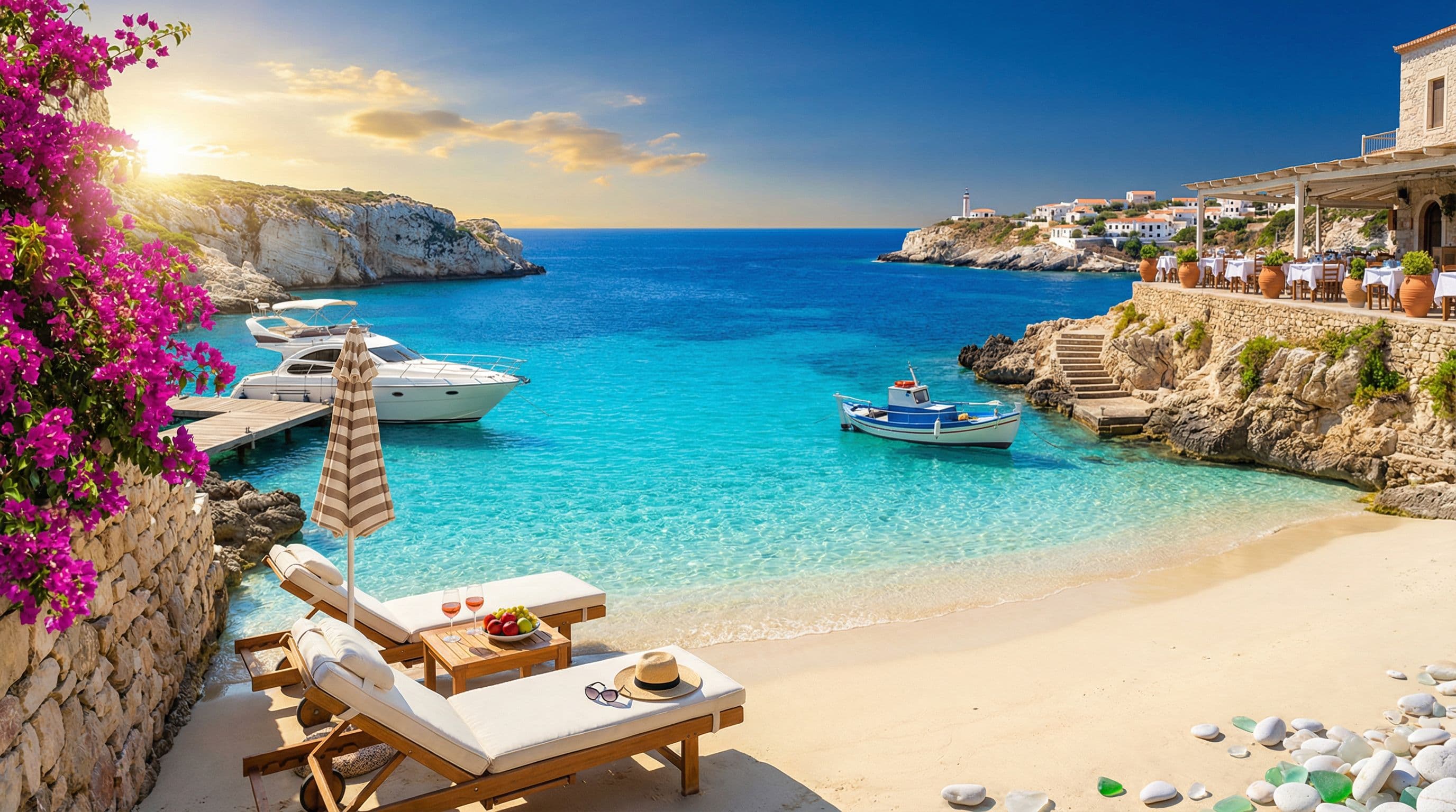อ่าวทะเล Mediterranean สีฟ้าเทอร์ควอยซ์ เก้าอี้ผ้าขาว ร่มลาย yacht และดอก bougainvillea ชมพู — Mediterranean Beach