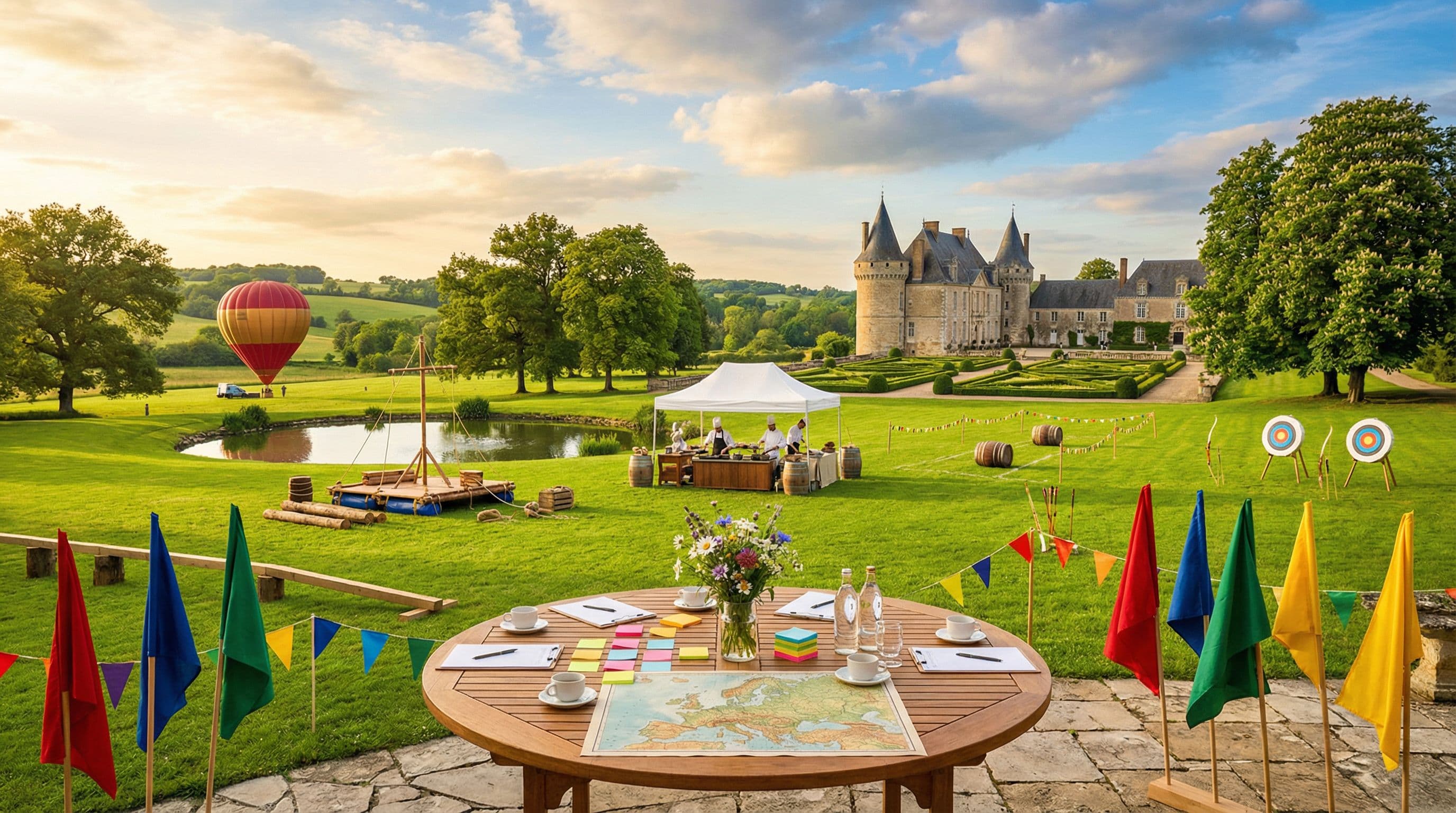 กิจกรรม team building บนสนามหญ้าของ chateau ฝรั่งเศส มีบอลลูน ยิงธนู ทำอาหาร และแผนที่ยุโรป — Team Building Europe