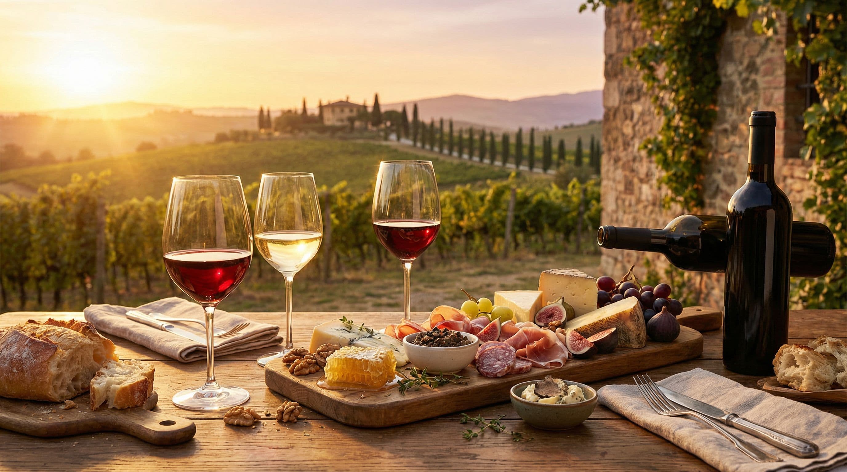 แก้วไวน์แดงและขาวบนโต๊ะไม้พร้อมชีส เนื้อแห้ง และผลไม้ หน้าไร่องุ่น Tuscany ยามพระอาทิตย์ตก