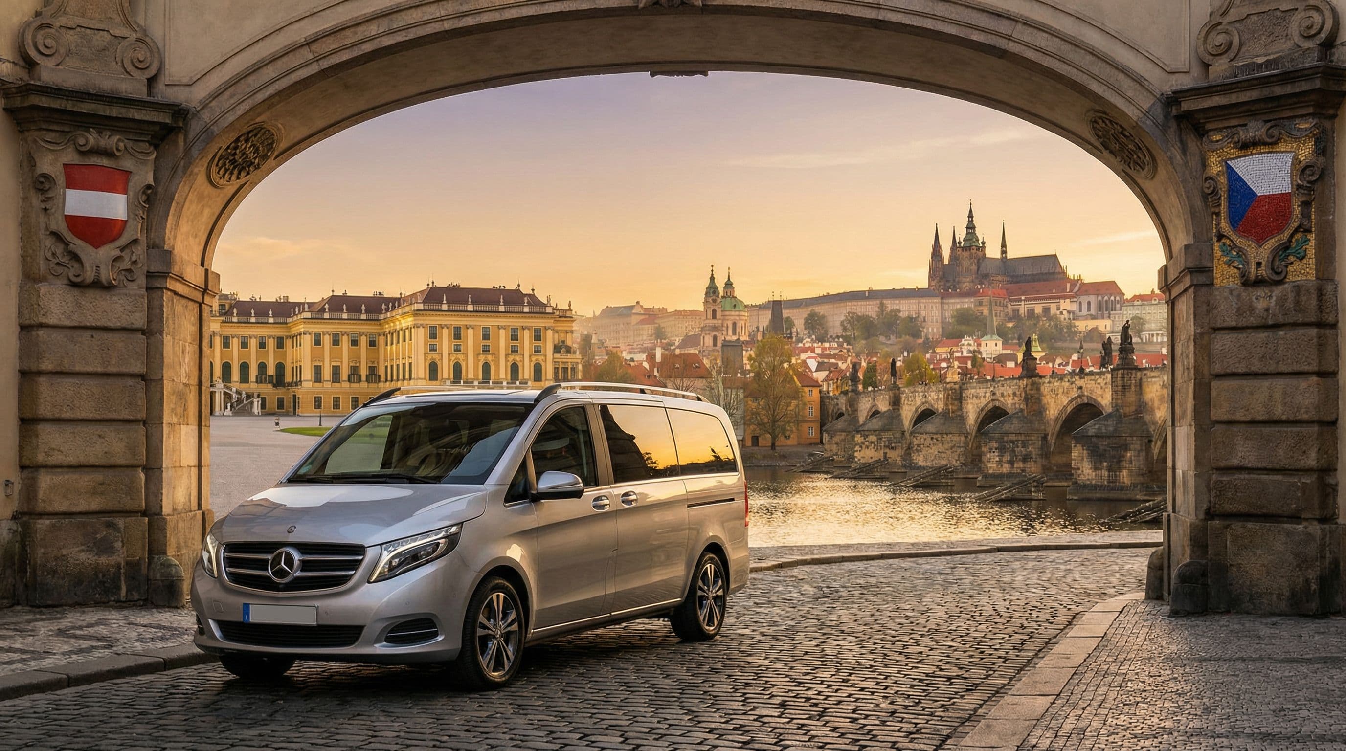 Mercedes V-Class ผ่านซุ้มประตู Baroque หน้า Schönbrunn Palace และ Prague Castle — บริการรถเช่าออสเตรียและเช็ก