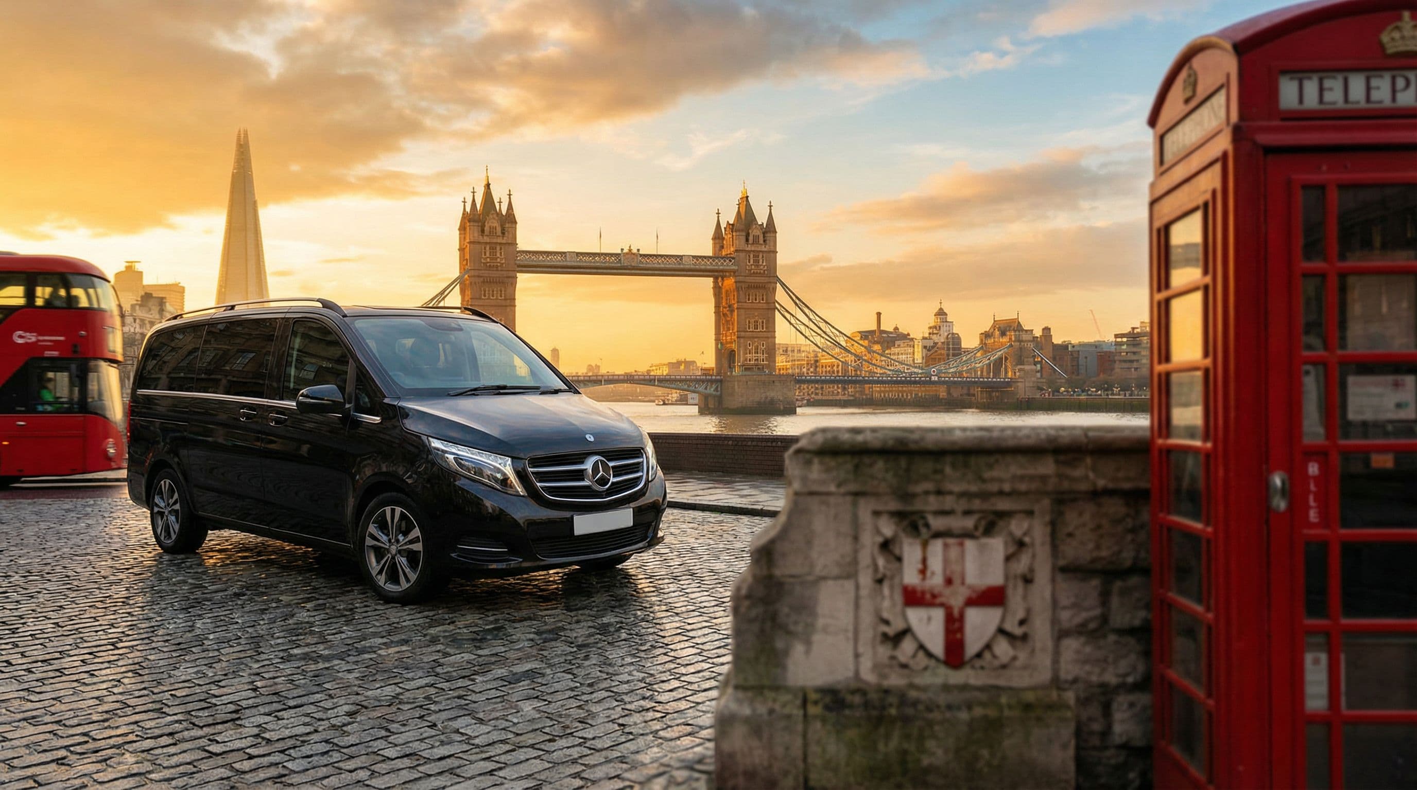 Mercedes V-Class หน้า Tower Bridge ลอนดอน อังกฤษ — บริการรถเช่าส่วนตัวระดับพรีเมียม