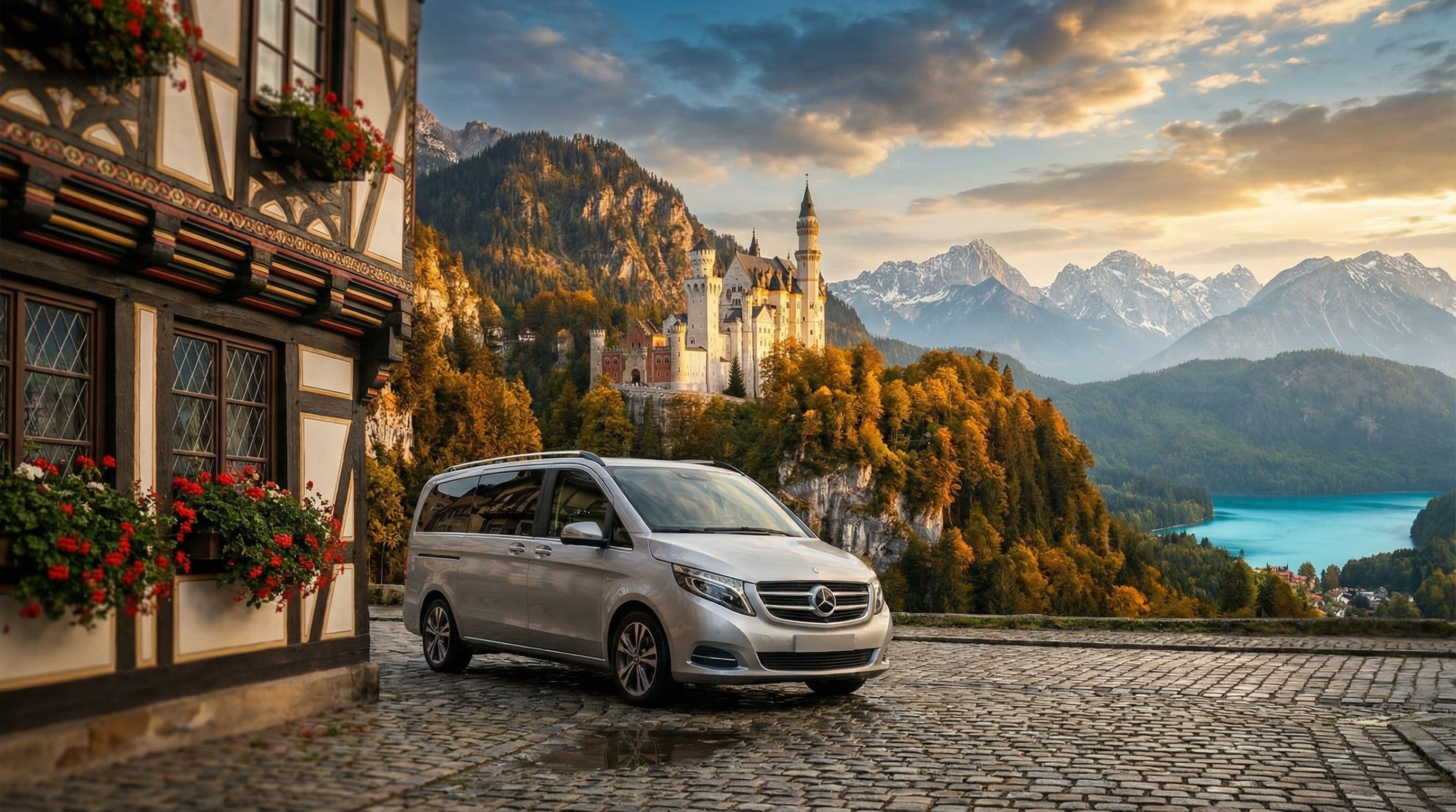 Mercedes V-Class หน้า Neuschwanstein Castle บาวาเรีย เยอรมนี — บริการรถเช่าส่วนตัวระดับพรีเมียม