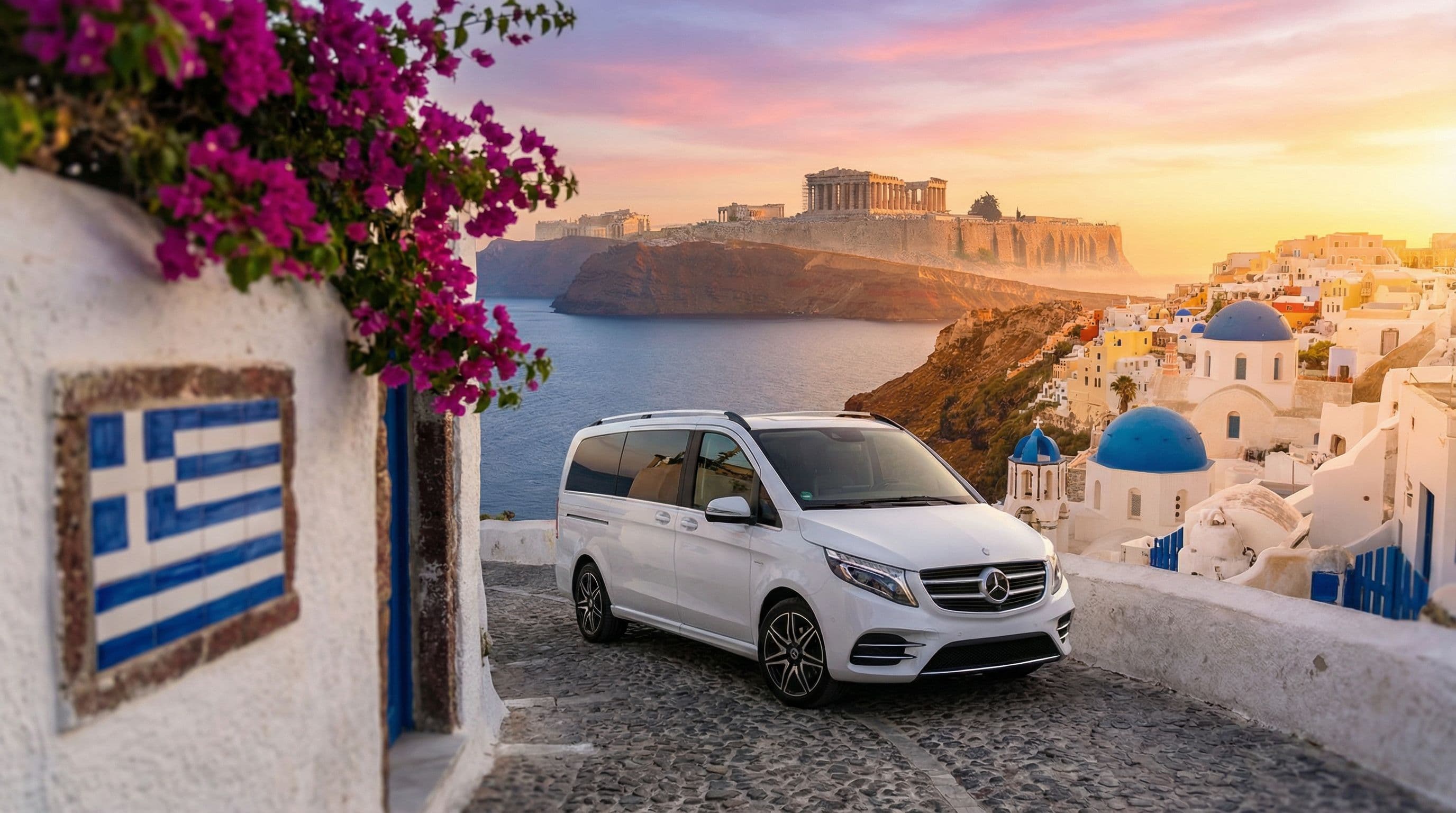 Mercedes V-Class บนเส้นทาง Santorini หน้า Acropolis กรีซ — บริการรถเช่าส่วนตัวระดับพรีเมียม