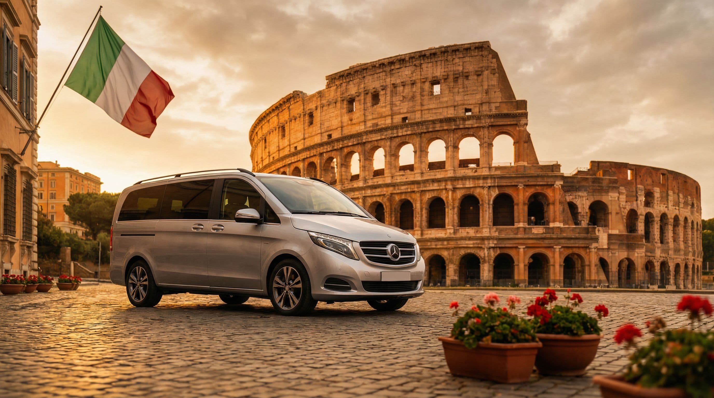รถรับส่ง Mercedes V-Class หน้า Colosseum กรุงโรม อิตาลี — บริการรถเช่าส่วนตัวระดับพรีเมียม