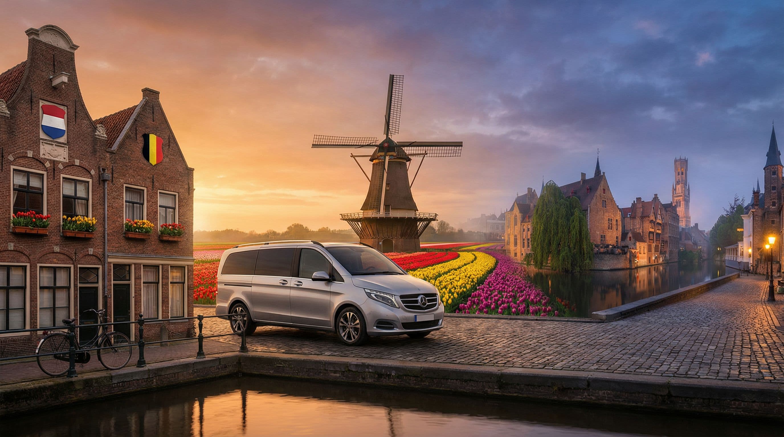 Mercedes V-Class ริมคลอง Amsterdam หน้ากังหันลม ทุ่งทิวลิป และ Bruges Belfry — บริการรถเช่าเนเธอร์แลนด์และเบลเยียม