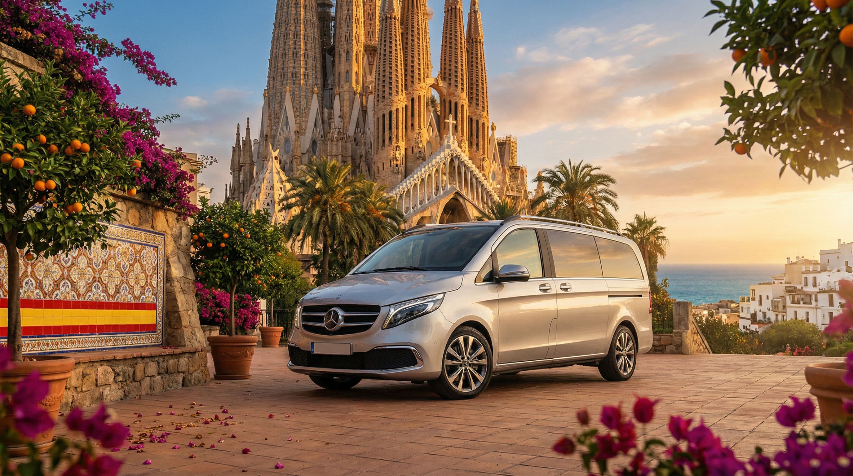 Mercedes V-Class หน้า Sagrada Familia บาร์เซโลนา สเปน — บริการรถเช่าส่วนตัวระดับพรีเมียม