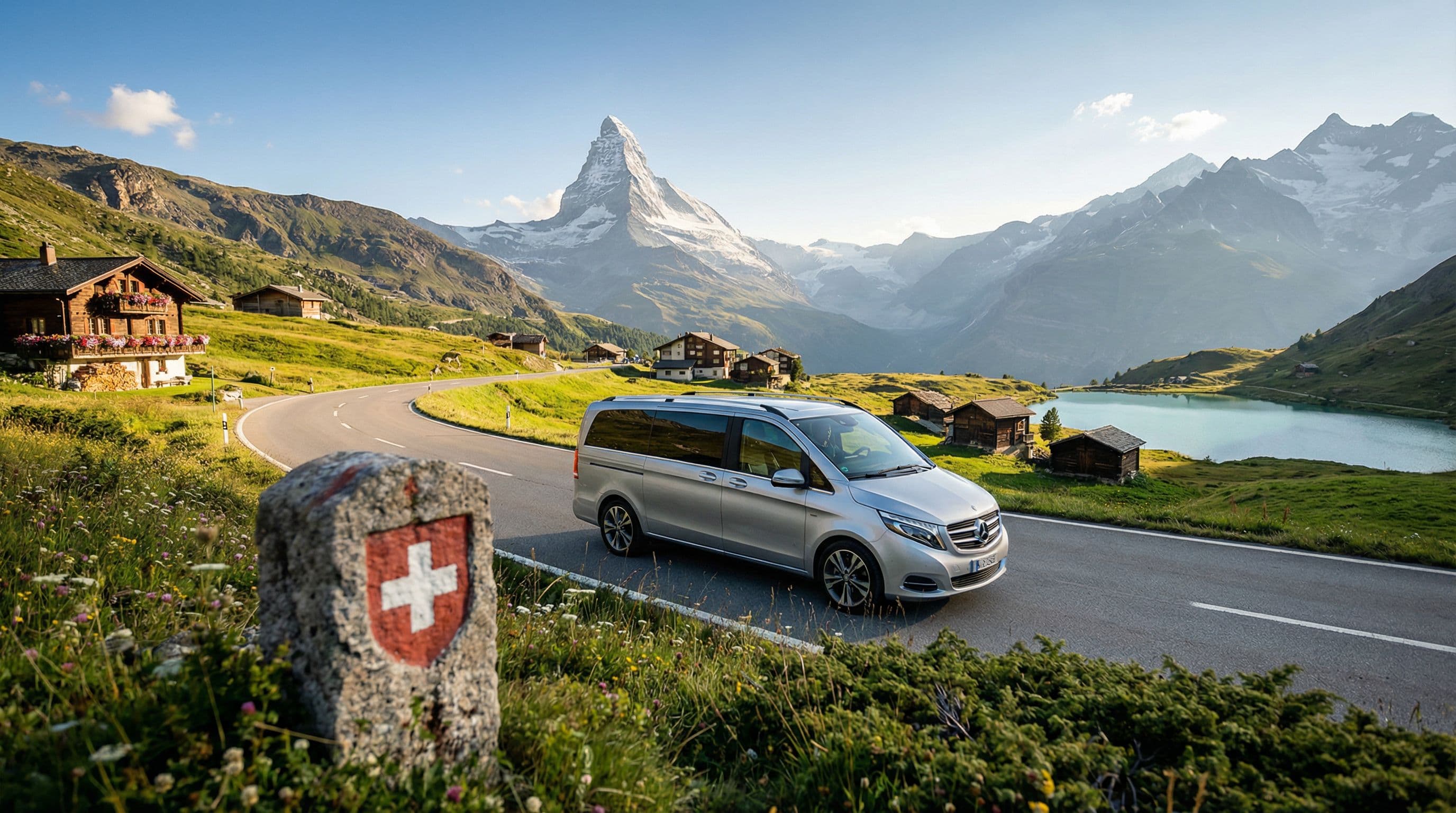 Mercedes V-Class บนถนนแอลป์สวิตเซอร์แลนด์ หน้า Matterhorn — บริการรถเช่าส่วนตัวระดับพรีเมียม