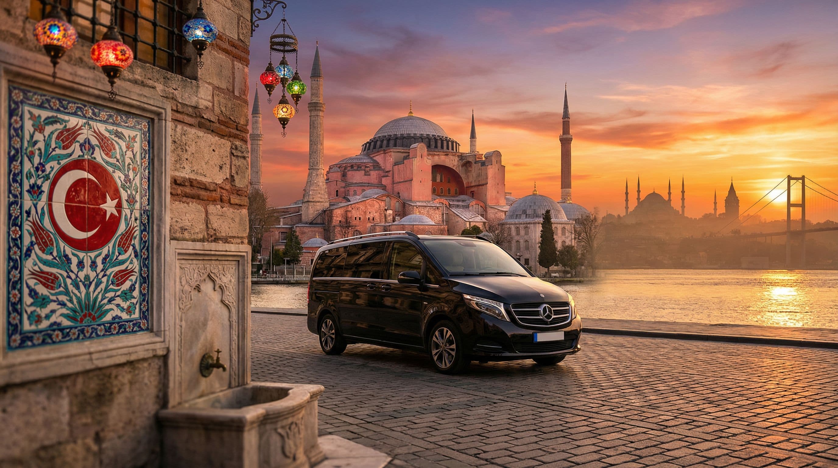 Mercedes V-Class หน้า Hagia Sophia อิสตันบูล ตุรกี พร้อมกระเบื้อง Iznik ลายพระจันทร์เสี้ยว — บริการรถเช่าส่วนตัวระดับพรีเมียม
