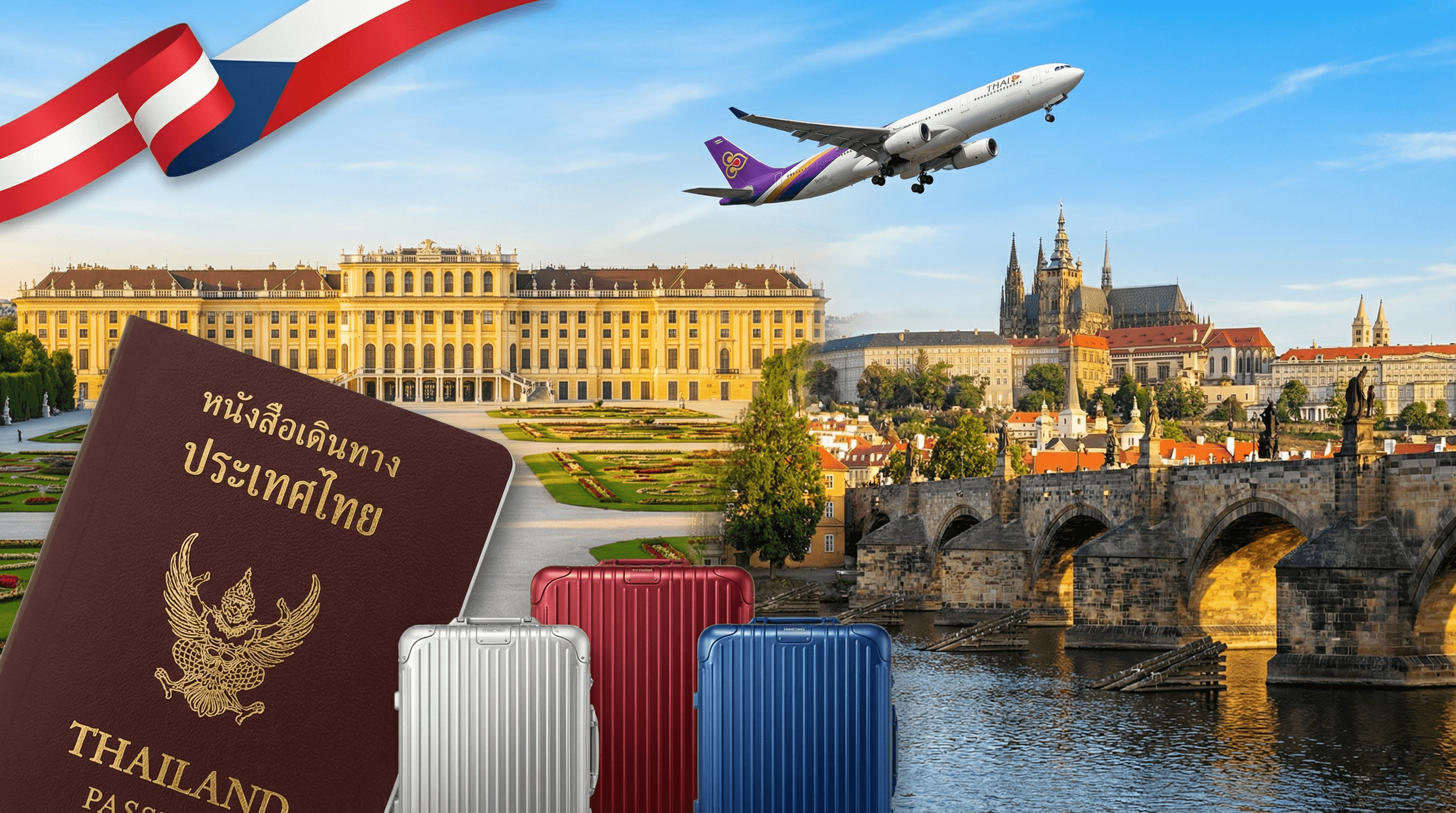 บริการรับทำวีซ่าออสเตรีย-เช็ก Schengen หนังสือเดินทางไทยกับพระราชวัง Schönbrunn เวียนนา และสะพาน Charles Bridge ปราก — Incentive Europe