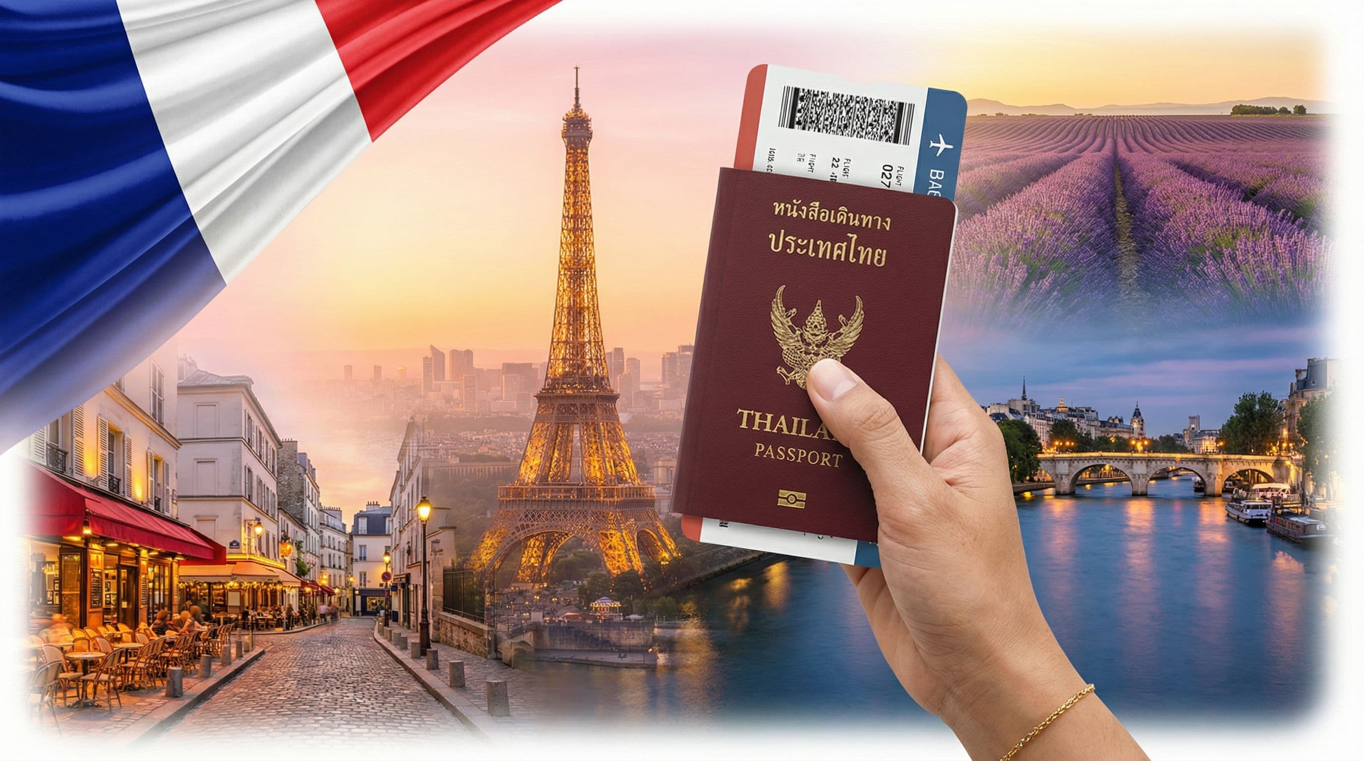 เอกสารยื่นวีซ่าฝรั่งเศส พาสปอร์ตไทยเปิดหน้าวีซ่าเชงเก้น ธงชาติฝรั่งเศส หอไอเฟลเป็นฉากหลัง