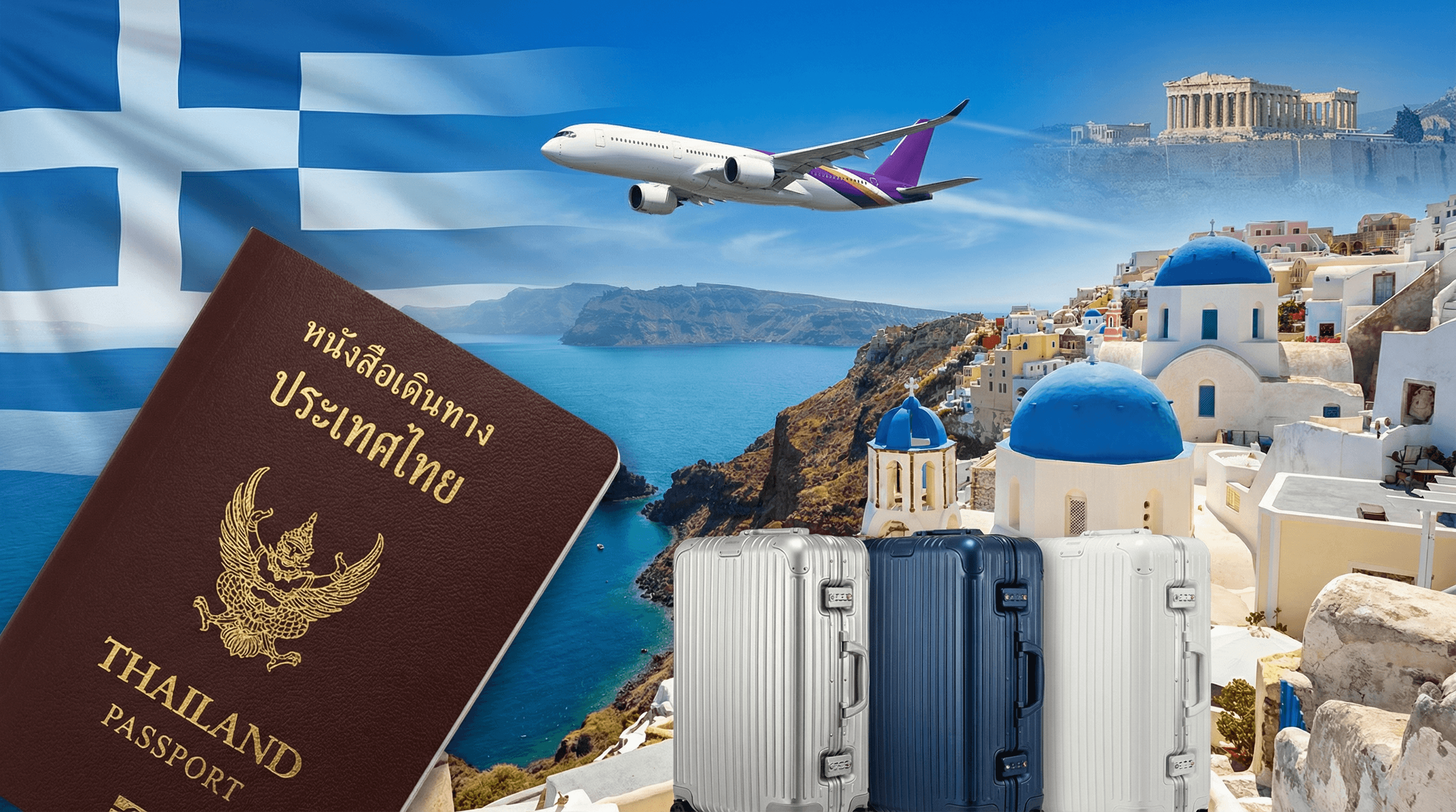 บริการรับทำวีซ่ากรีซ Schengen หนังสือเดินทางไทยกับซานโตรินี โดมสีฟ้า และ Acropolis เอเธนส์ — Incentive Europe