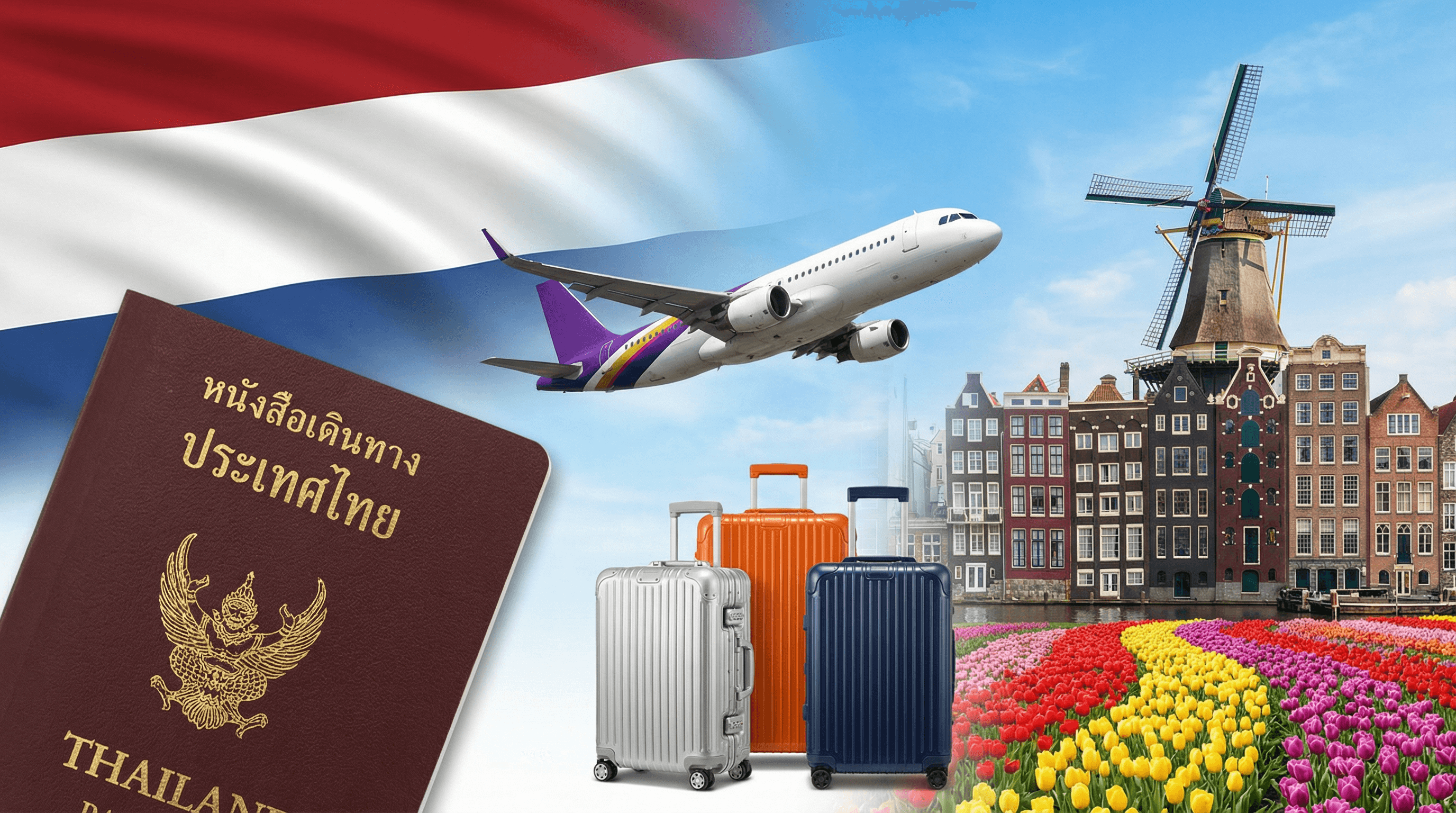 บริการรับทำวีซ่าเนเธอร์แลนด์ Schengen หนังสือเดินทางไทยกับคลองอัมสเตอร์ดัม กังหันลม และทุ่งทิวลิป — Incentive Europe